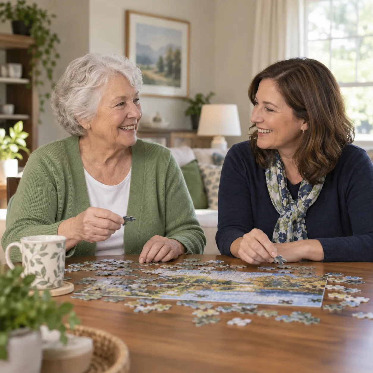 Two women smiling at each other as they work on a jigsaw puzzle at a table.
