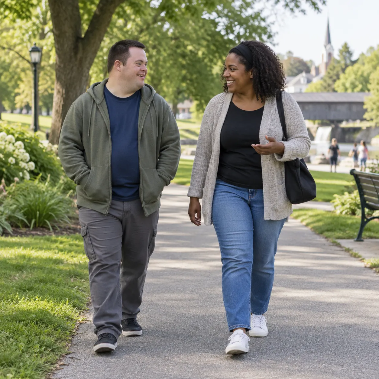 A man and a support professional talking and laughing as they walk along a park path.